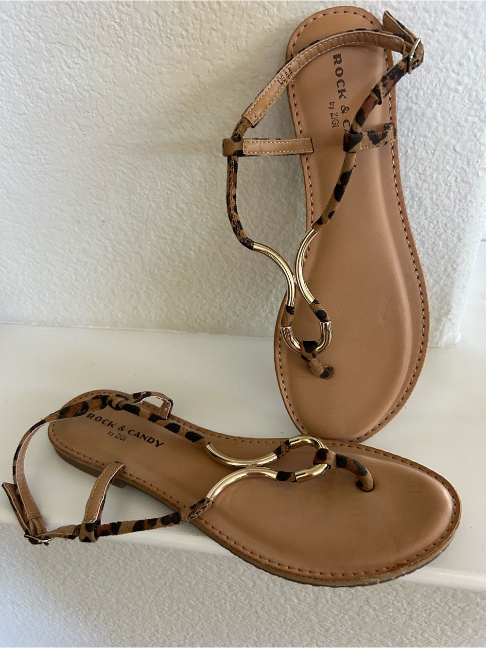 Rock & Candy Tan Sandals with Leopard-Trim and Gold Accent